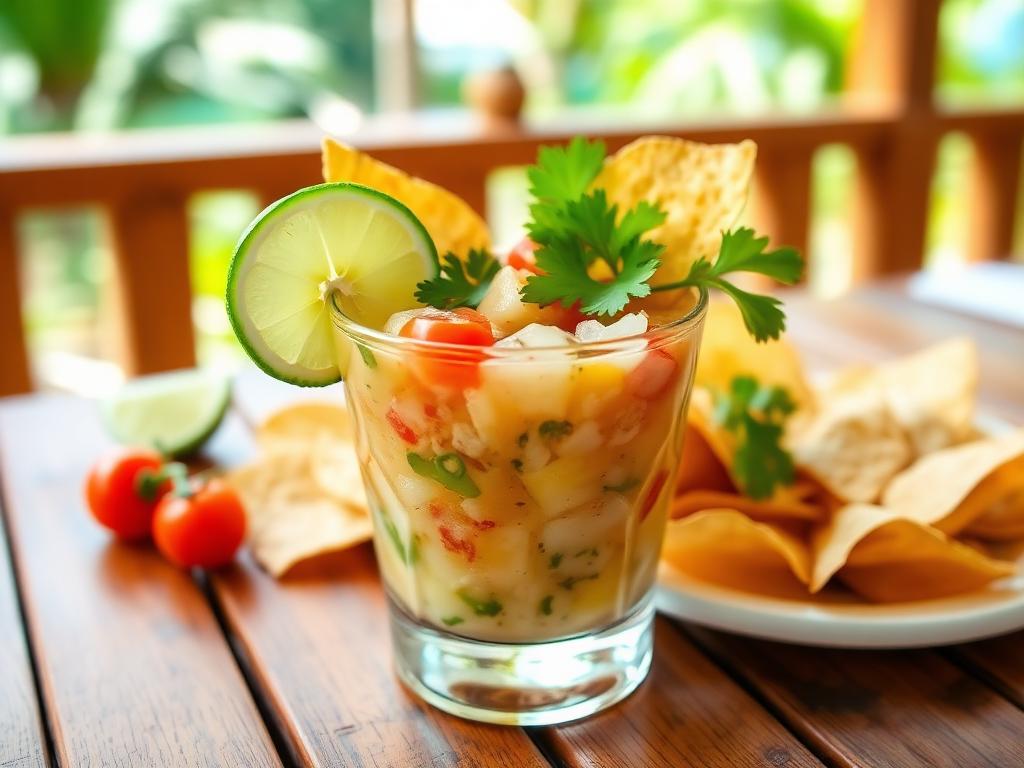 Fresh conch ceviche in a glass with lime, tomato, cilantro and tortilla chips on a tropical garden table