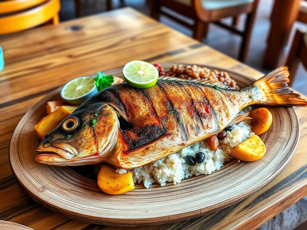 Whole grilled reef fish with rice, beans, fried plantains and lime on a wooden plate
